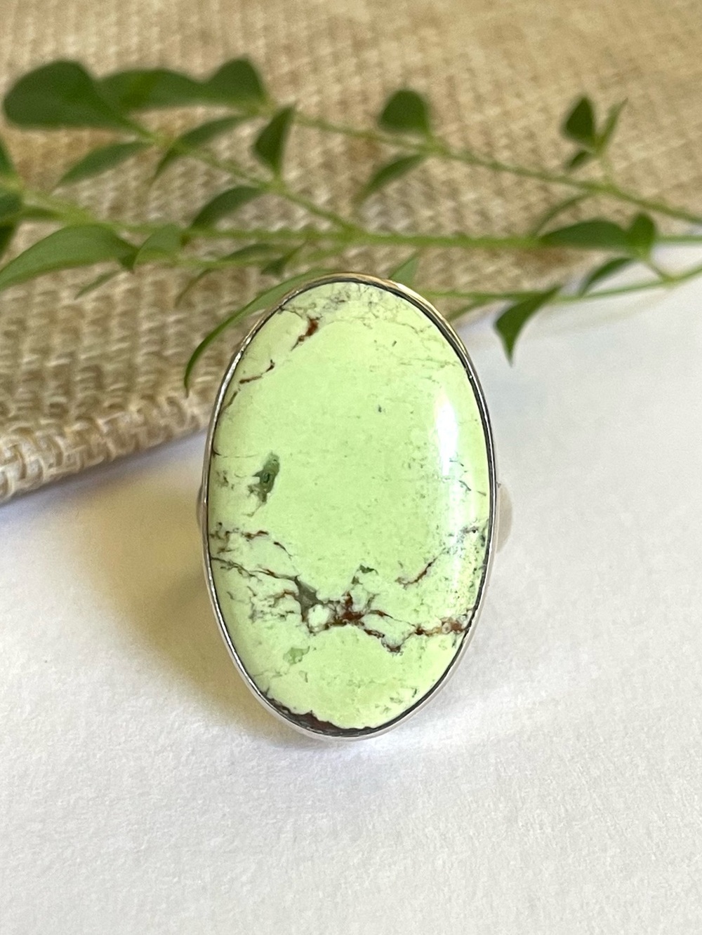 925 Sterling silver Oval Lemon Chrysoprase ring size US:7 (26mm*16mm)